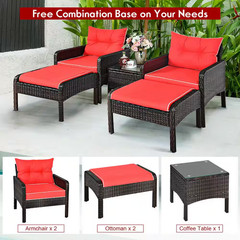 Brown 5-Piece Rattan Wicker Patio Conversation Ottoman Sofa Coffee Table Set wit