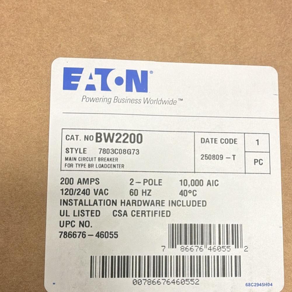 Eaton BW2200 200A 2-Pole 120/240V AC Main Breaker On/Off Hardware Included