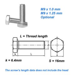 M9x1 / M9x1.25 304 Stainless Steel M9 Hexagon Head BoltsHex Head Screws Pitch