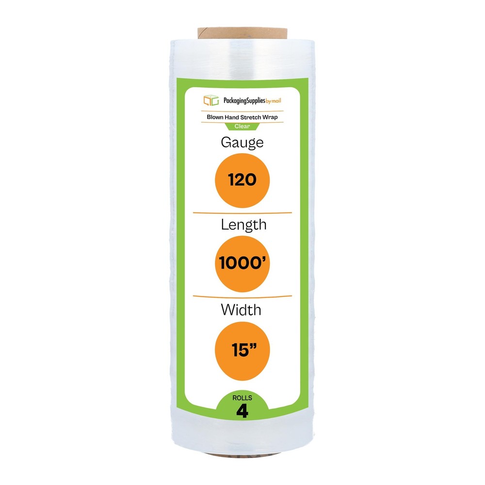 4 Rolls 15″ x 1000′ (120 Gauge) Blown Stretch Film Hand Shrink Wrap – Clear