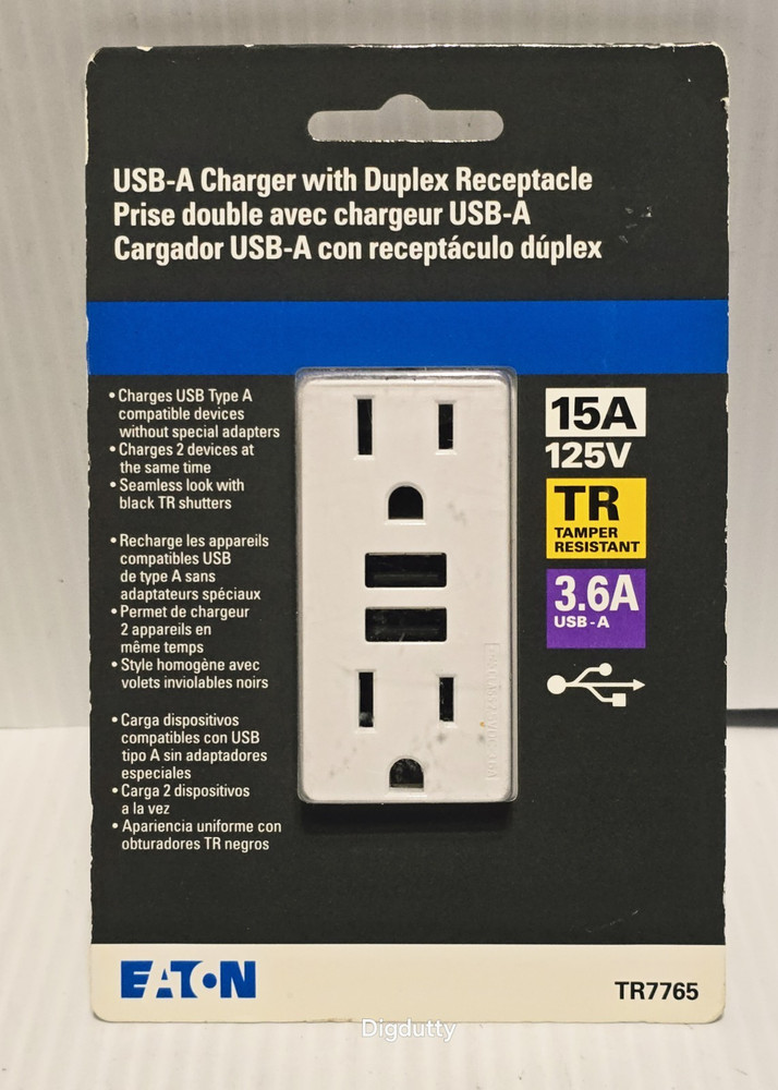 Eaton TR7765 Duplex Receptacle 15A / 125V W/ (2) 3.6A USB-A Charger, White – NEW