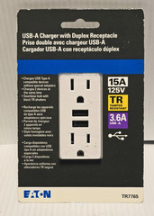 Eaton TR7765 Duplex Receptacle 15A / 125V W/ (2) 3.6A USB-A Charger, White – NEW