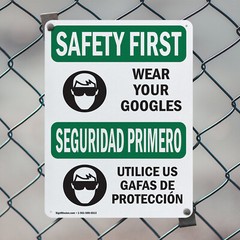 (2 Pack) Wear Your Goggles Bilingual OSHA Safety First Sign Decal Metal Plastic
