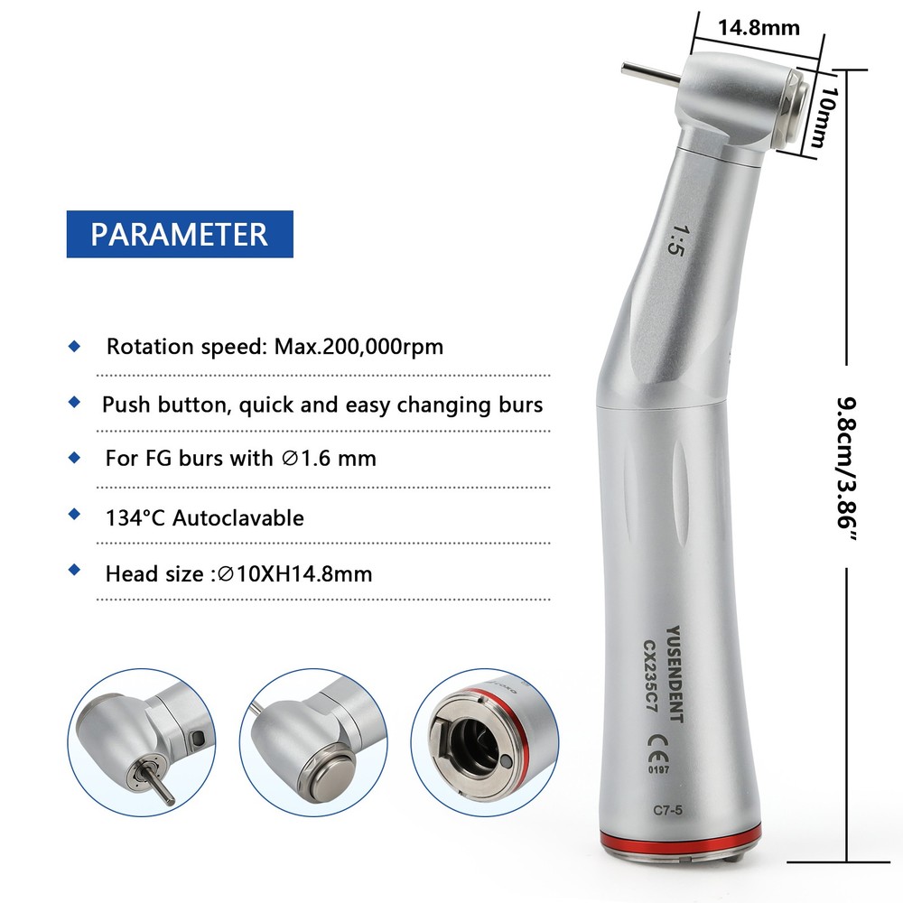 COXO CX235C7 Dental Fiber Optic LED Standard Head 1:5 Contra Angle Handpiece