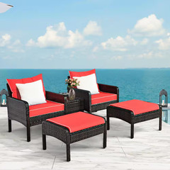 Brown 5-Piece Rattan Wicker Patio Conversation Ottoman Sofa Coffee Table Set wit