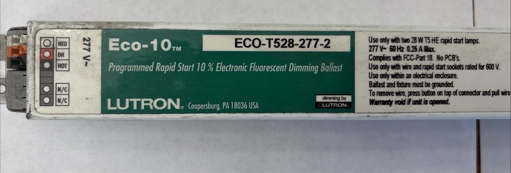 LUTRON ECO-T528-277-2 FLUORESCENT DIMMING BALLAST, 2-LAMP, T5 28W, 277V