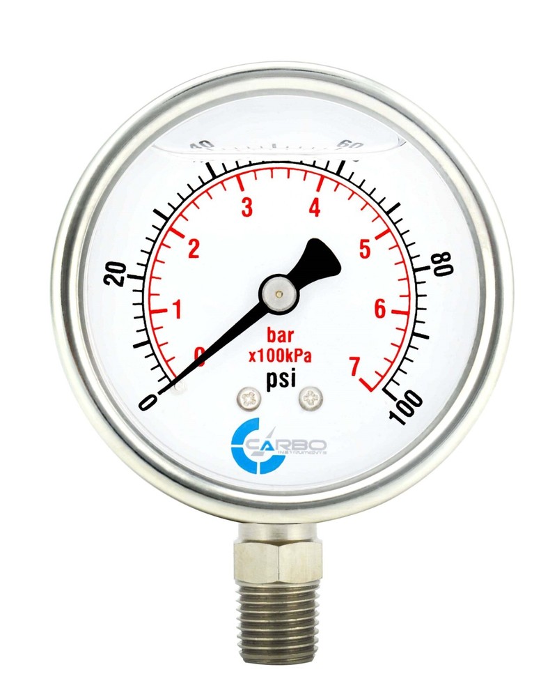 2-1/2″ Pressure Gauge, Stainless Steel Case, Liquid Filled, Lower Mnt 100 PSI