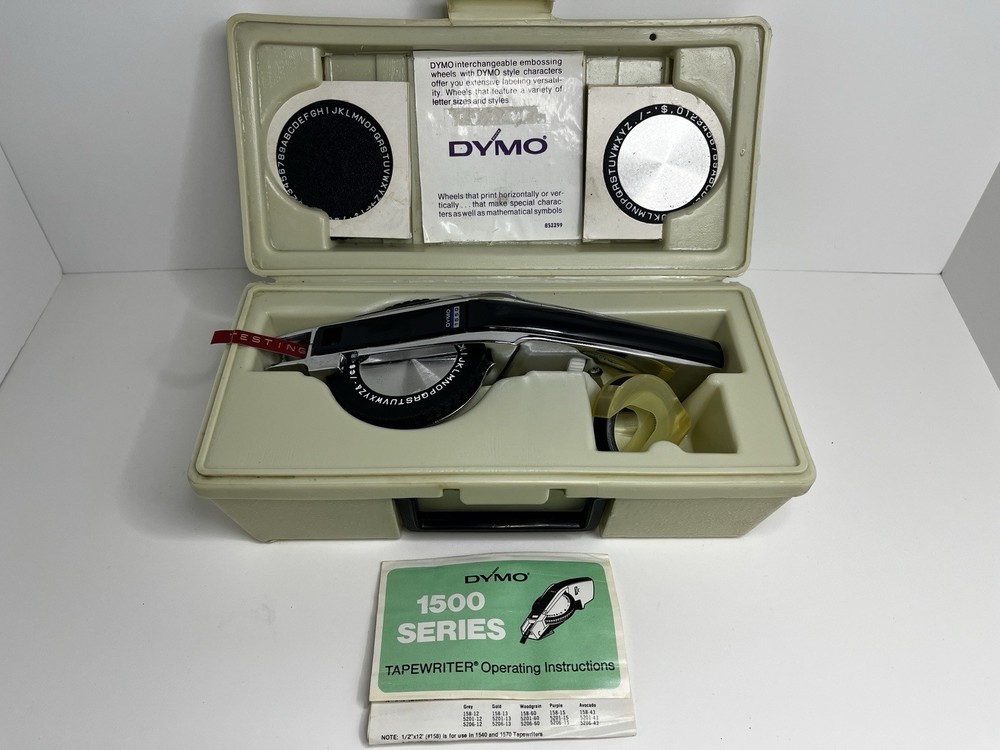 Vintage DYMO 1550 Tapewriter Label Maker with 3 Wheels, Tape & Case