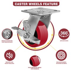 4 Inch Polyurethane Tread Caster Wheels Heavy Duty,Capacity 600-2400LB