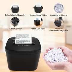 Mini Paper Shredder, Cross Cut, Auto Start/Stop, 3-Sheet Capacity, Quiet 65dB,