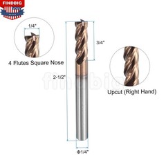 10Pcs 1/4″ 4 Flute Solid Carbide 3/4″ LOC x 2-1/2″ OAL End Mills – TiSiN Coated