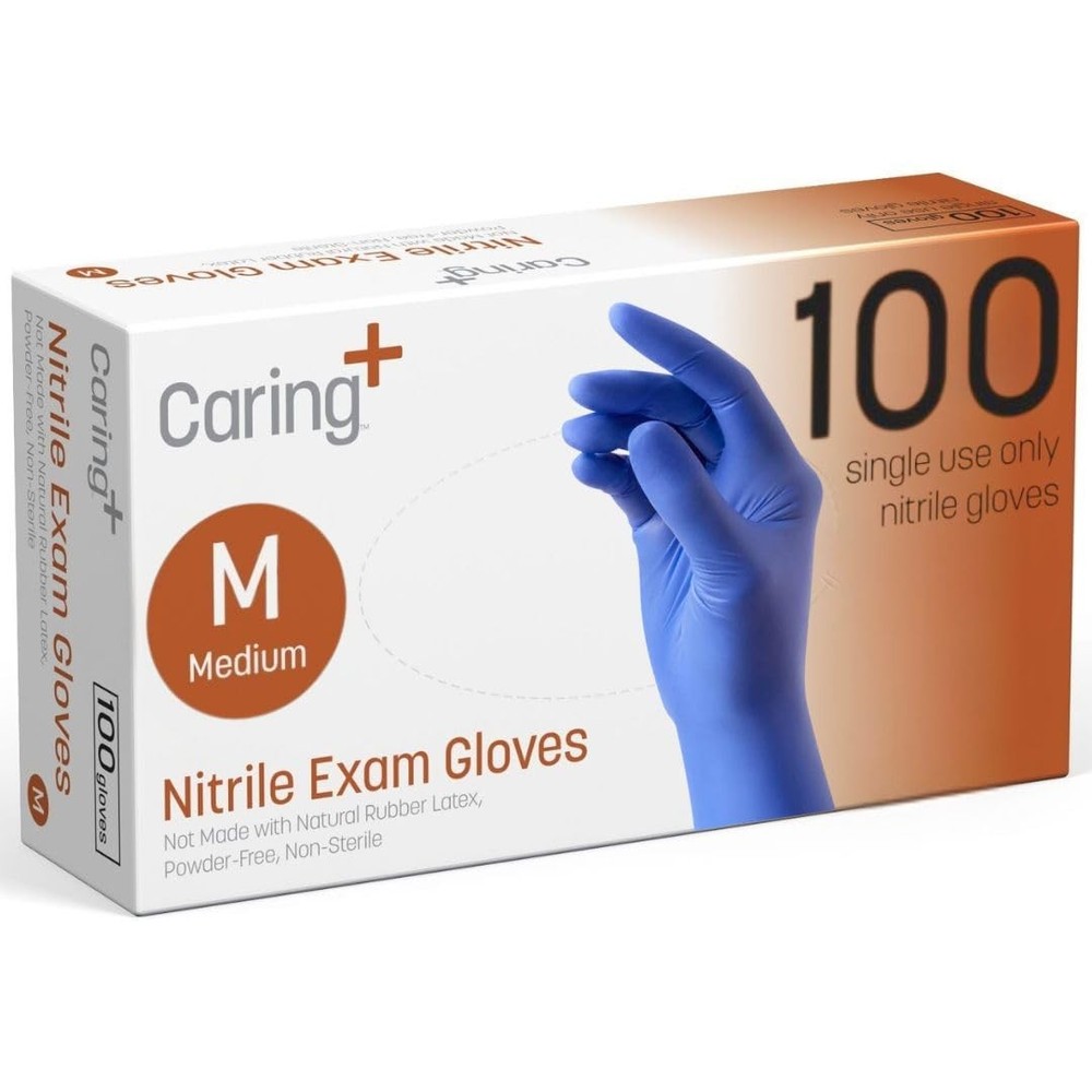 Caring Nitrile Exam Gloves Medium (Pack of 100), 100)
