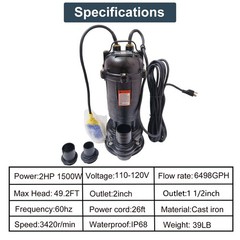2HP Submersible Sump Pump 1500W Cast Iron Sewage Pump 6498GPH w/26ft Cord 220V