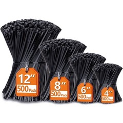 Assorted Zip Ties 2000 Pack – 4″ 6″ 8″ 12″ Black UV Resistant Cable Ties