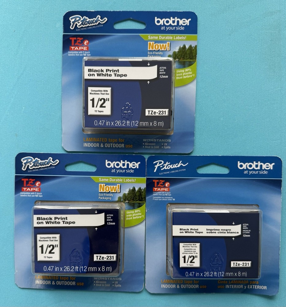 TZe-231 Tape Brother P-Touch Electronic Labeling System, 12mm (1/2”), Lot of 3