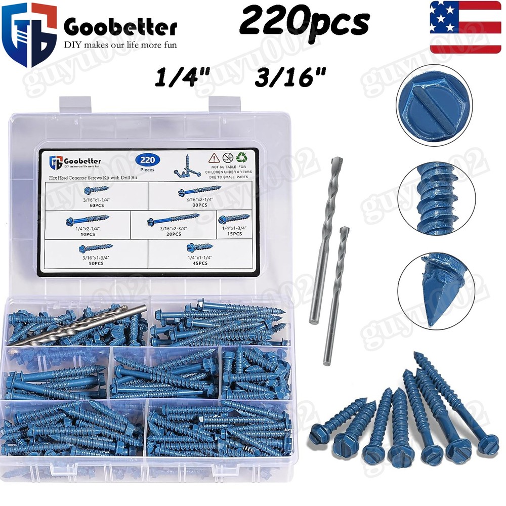 230 x Flat/Hex Washer Head Concrete Masonry Screw Tapcon Anchor & Bit 1/4″ 3/16″