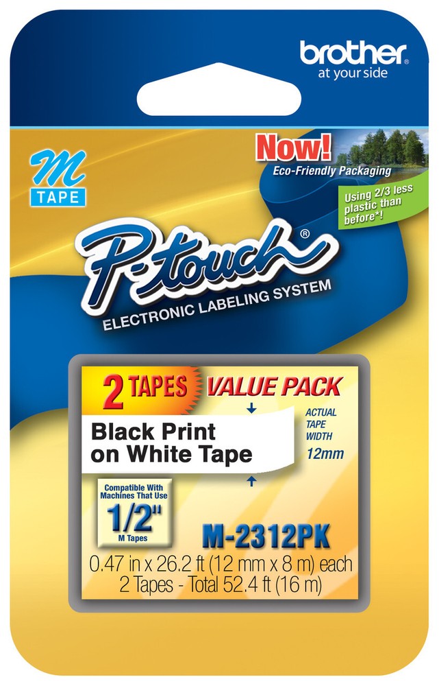 2 Pack Brother P-Touch M-Tape Tape 1/2 inch BLACK on WHITE for Label Maker M231