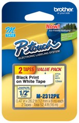 2 Pack Brother P-Touch M-Tape Tape 1/2 inch BLACK on WHITE for Label Maker M231