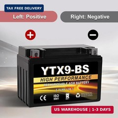 YTX9-BS 12V 9Ah AGM Sealed Motorcycle Battery, Maintenance-Free, Compatible with