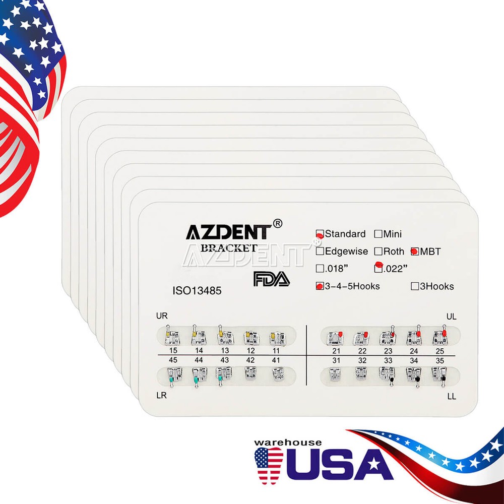 AZDENT Dental Orthodontic Metal Brackets Braces Standard MBT 022 Hooks 345/3