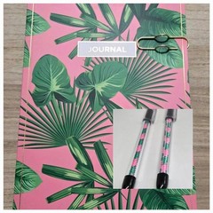 James Burke Notebook Journal Lined 7 x 10 in. Pink & Green W Pens And Holder