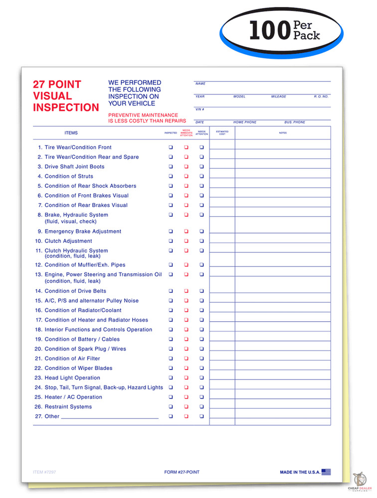 27 POINT VISUAL INSPECTION CAR SHEET 2 PART FORM #27 POINT 100 PER PACK DEALER