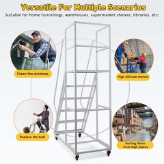 6 Step Rolling Ladder for Industrial & Warehouse w/ Handrails & 4 Lockable Wheel