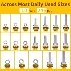 246Pcs Stainless Steel Hex Bolts & Nuts Assortment Kit, Washers for Home & Auto
