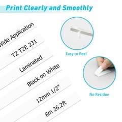 4PK Compatible with Brother PT-D200 TZ231 TZe-231 12mm Black On White Label Tape