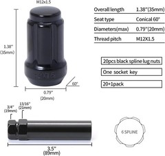 Acorn M12x1.5 Black Spline Lug Nuts – Set of 20, 1.38″ Long, Fit for Honda Accor