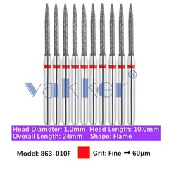 10/Pk Vakker Dental Diamond Burs Flame FG 863-010F Fine Grit FG High Speed