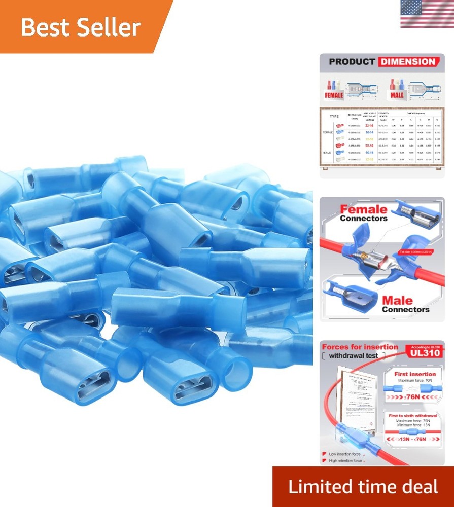 High Quality 100 Pcs Blue Nylon Spade Terminals 16-14 AWG, Corrosion-Resistant