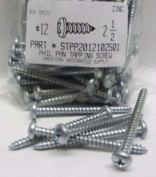#12×2-1/2 Pan Head Phillips Tapping Screws Steel Zinc Plated (250)