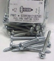 #12×2-1/2 Pan Head Phillips Tapping Screws Steel Zinc Plated (250)