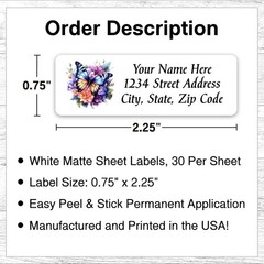 60 Return Address Labels Personalized Printed 3/4 x 2 1/4 Floral Butterfly
