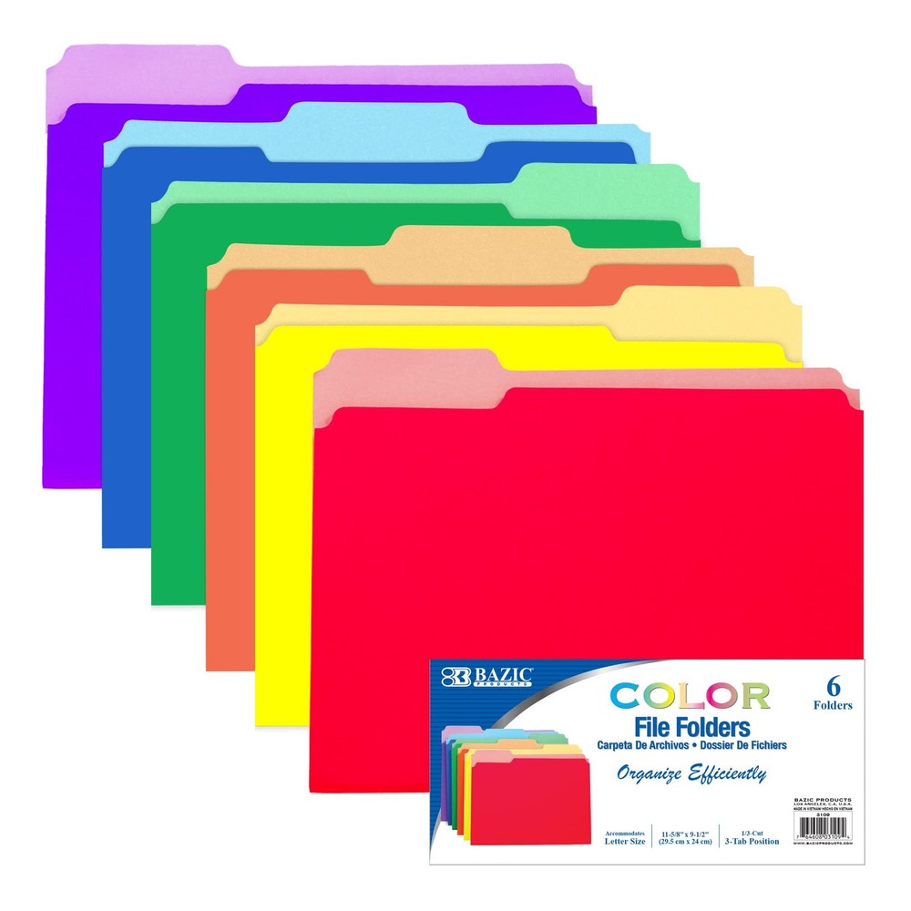 BAZIC 1/3 Cut Letter Size Color File Folder 1-Pack, Red/Yellow/Blue/Green
