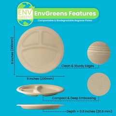 EnvGreens Organic Bagasse Plates 9” Round Compostable Biodegradable Plates