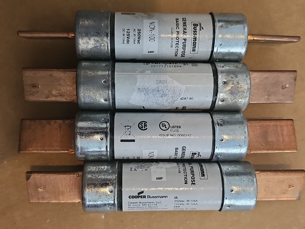 Lot of 4 Bussman NON-100 One Time Buss Fuses Class H 100A 250V