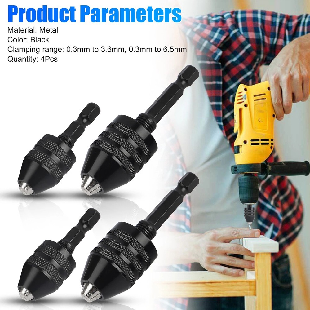 4Pcs 1/4″Hex Shank Keyless Drill Chuck Adapter Bit Quick Change Converter Driver