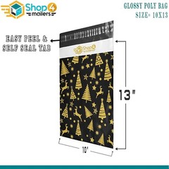 (25) 10×13 Designer Christmas Poly Mailers Black Gold Trees and Deer Envelopes