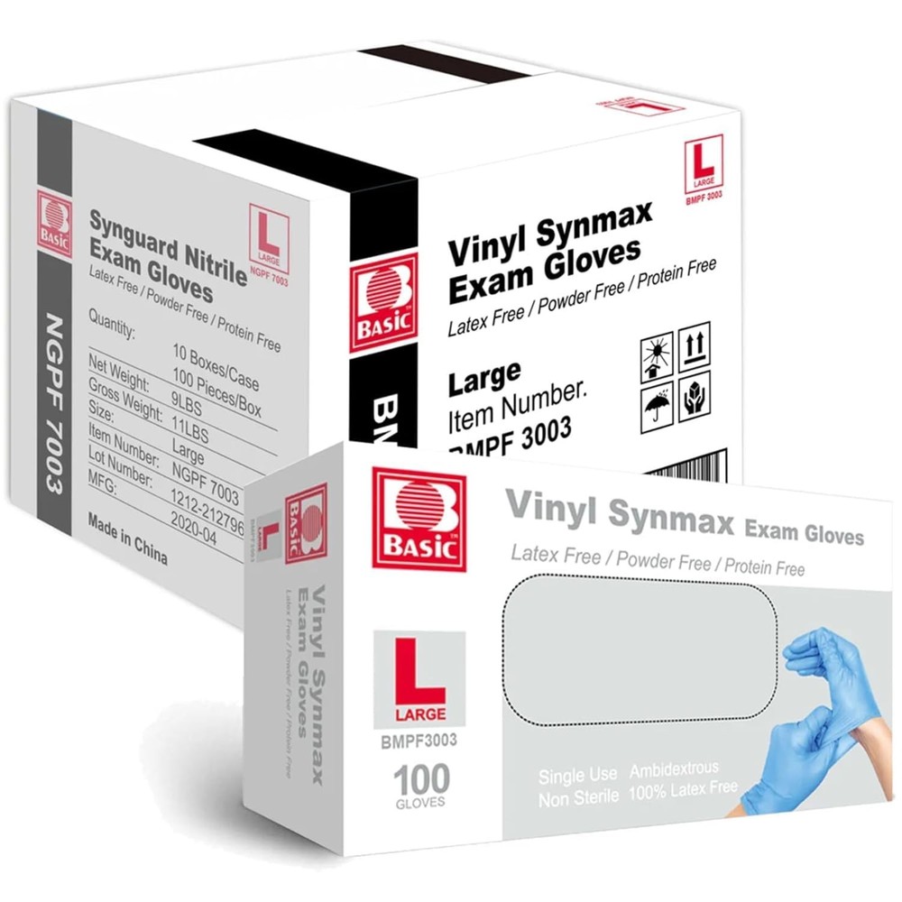 Basic Medical Synmax Vinyl Exam Gloves Latex-Free & Powder-Free Large