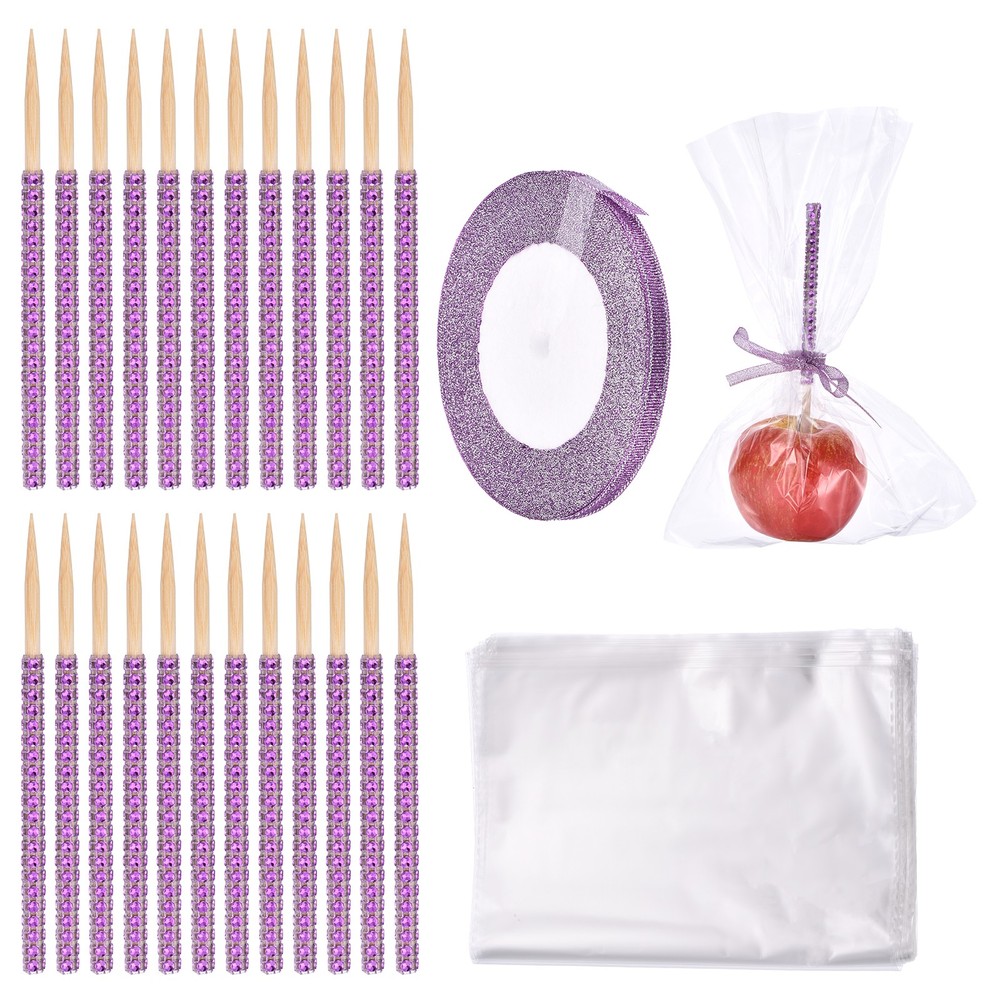 Candy Apple Stick Kit, 24P Light Purple Apple Skewers with Bags/Purple Ribbon