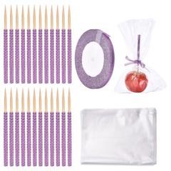 Candy Apple Stick Kit, 24P Light Purple Apple Skewers with Bags/Purple Ribbon