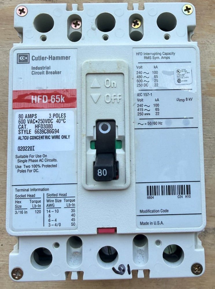EATON CUTLER HAMMER HFD3080 80 AMP CIRCUIT BREAKER 3 POLE 600 VAC 65k PREOWNED