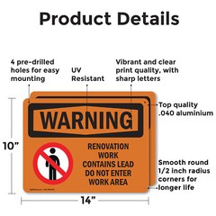 (2 Pack) Renovation Work Contains Lead Do Not Enter OSHA Warning Sign Decal