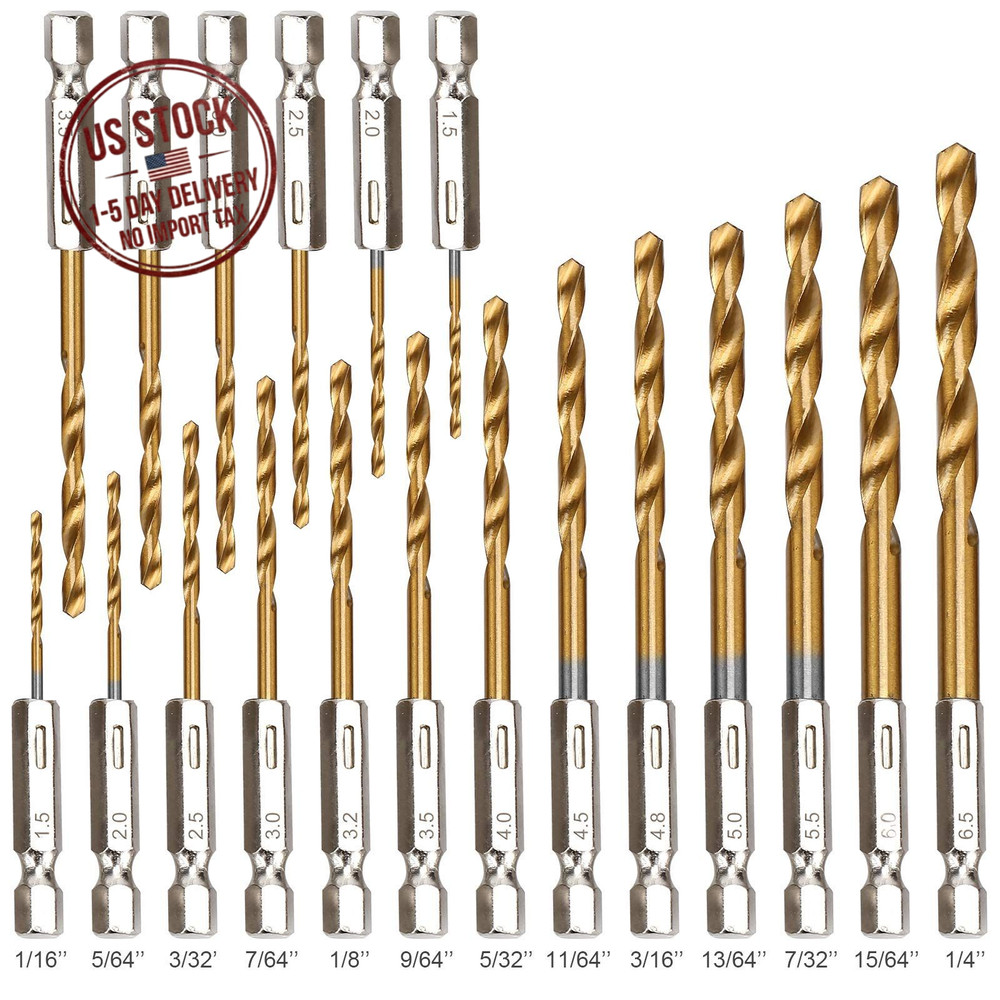 19 Piece Hex Drill Bit Set Titanium HSS Hex Shank Wood Bits 1/16-1/4