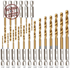 19 Piece Hex Drill Bit Set Titanium HSS Hex Shank Wood Bits 1/16-1/4