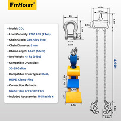 Chain Drum Lifter | 2200 Lbs Vertical Drum Clamp Barrel Lift with Self-Lock H…