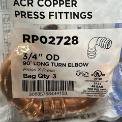 NEW RP02728 3/4 Long Turn Elbow Streamline ACR Copper Press Fittings (Bag of 3)