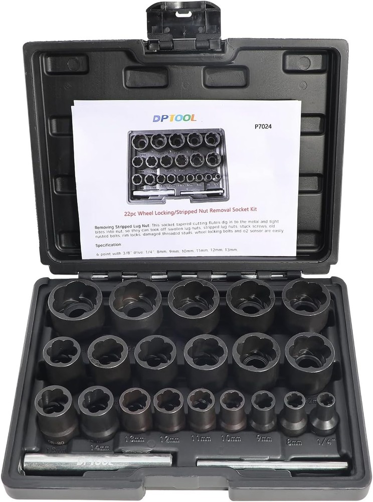 22 Piece Bolt Nut Extractor Set, 1/2″ and 3/8″ Drive Impact Lug Nut Remover